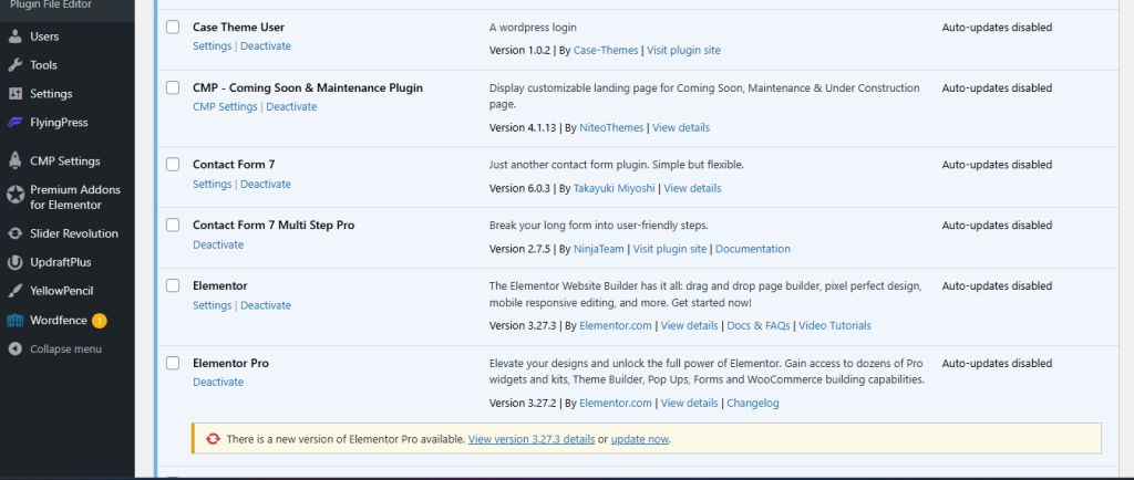 A screenshot of a WordPress dashboard with popular plugins like Contact Form 7 and Elementor.