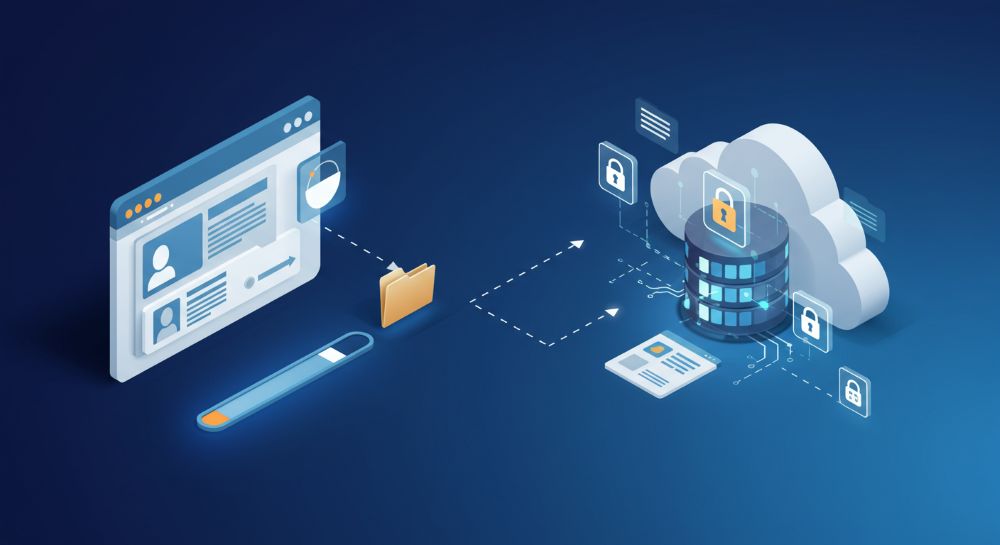 A website backup process in progress, with files being securely stored in a cloud server.